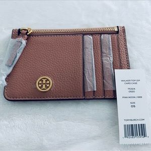 Tory Burch Walker Top Zip Card Case In Pink Moon Colour